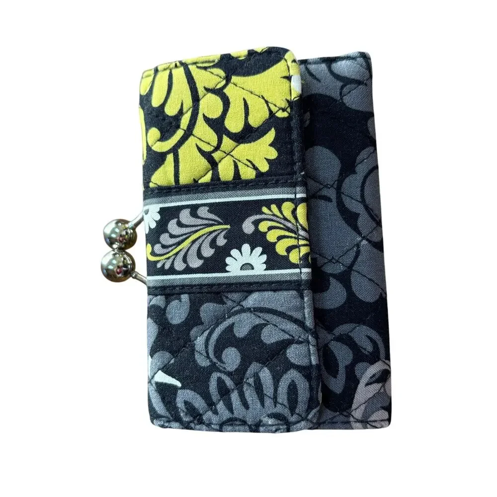 Vera Bradley quilted wallet black gray & yellow cotton kiss lock coin pocket - Picture 9 of 9